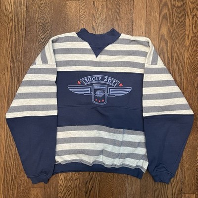 Vintage Bugle Boy Striped Pullover Sweatshirt Medium Blue White Crewneck 90 s