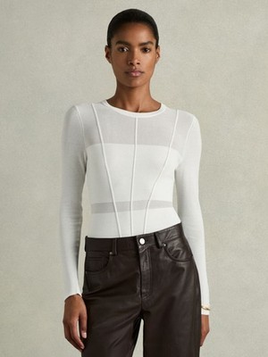 REISS Siren Pullover Oberteil mit Naht und Rundhalsausschnitt Weiß Gr. M (UK 12)