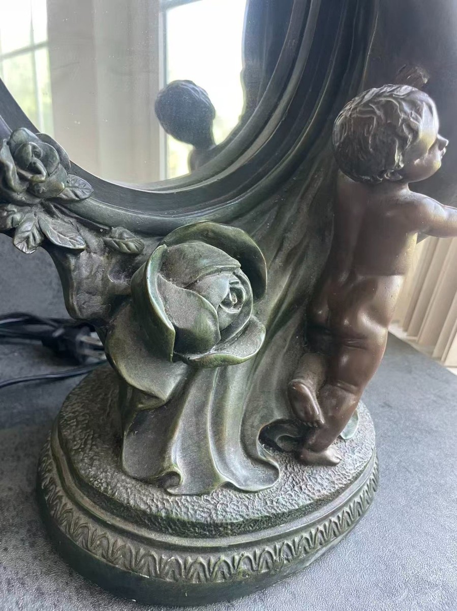 Vintage Crosa 1995 Art Nouveau Lady Cherub Mirror Table Lamp Tulip