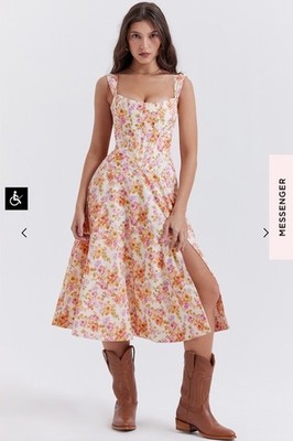 HOUSE OF CB Saira XS Floral Midi A-Line Dress Square Neck Lace-Up Back Slit