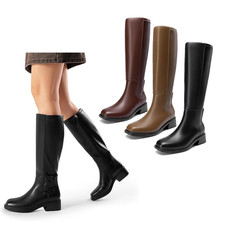 Women Square Toe Knee High Boots Low Chunky Heel Zip Up Riding Boots