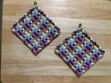 Handmade 2 Beautiful Cotton Woven Potholders Trivets 6 Pastel Colors Gift