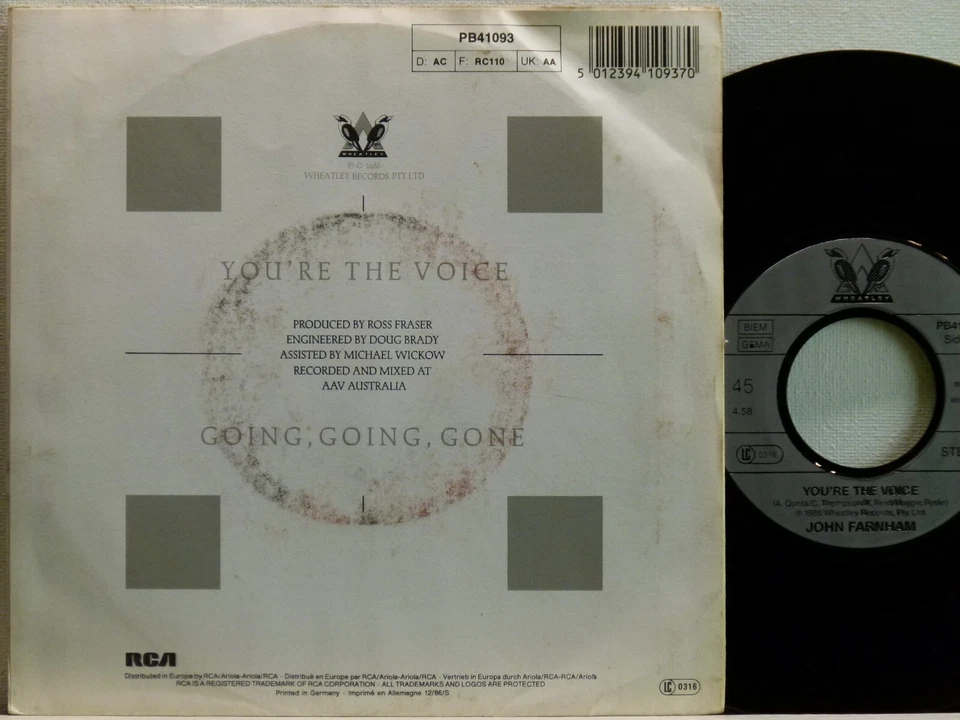 John Farnham -You're The Voice / Going,Going,Gone   D-1986  RCA  PB 41093 - Bild 2 von 2