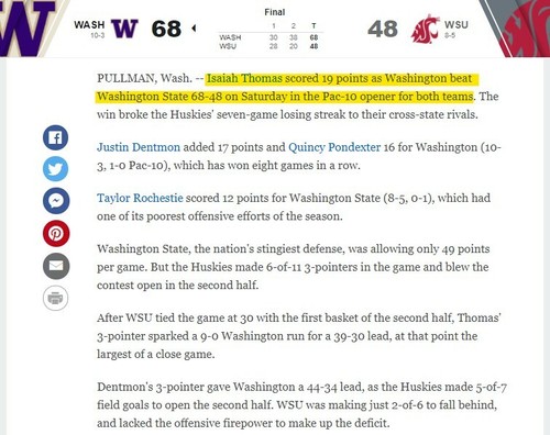 2009 UW Huskies @ WSU Cougars Basketball 1/3 Full Ticket ISAIAH THOMAS THOMPSON - Picture 7 of 11