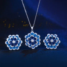 Blue CZ 3D Multiple Designer Flower Necklace Earrings Fashion Brand Jewelry Set