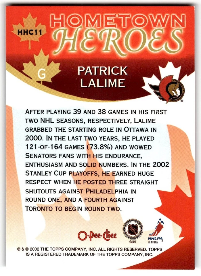 Patrick Lalime 2002-03 O-Pee-Chee Hometown Heroes #HHC11 Ottawa Senators - Image 2 of 2