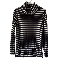 LL Bean Sweater Womens Small Navy White Striped Cowl Neck Pullover Top Preppy