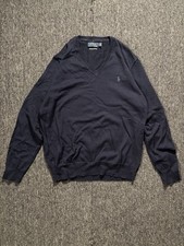 Polo Ralph Lauren Navy Blue Pony Logo Washable Merino Wool V Neck Sweater Men M