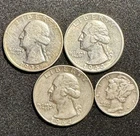4 - Coin Lot • Washington Quarters & Mercury Dime 90% Silver