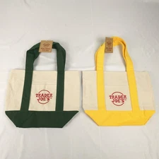 NEW (2) Trader Joes 13" x 10" Mini Canvas Tote Bags Green Yellow Stocking Gift