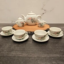 Mini China Tea Set Pink Floral 4 Plates & Cups, Teapot, Creamer, Pitcher