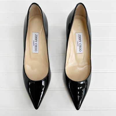 Jimmy Choo Aza Kitten Heel Pumps Patent Leather Black Anouk Pointed Toe 36.5