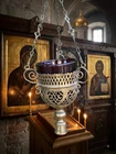 Vintage Russian Orthodox Hanging Lampada Lamp Ruby Red Glass Cup Brass Holder