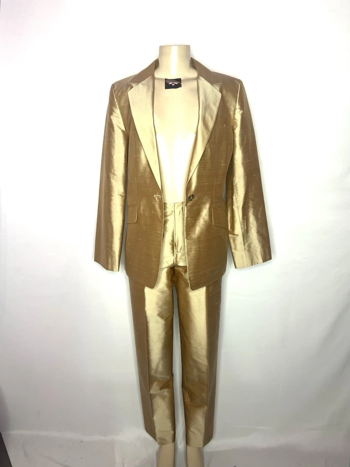 TRAJE PANTALÓN VINTAGE LINDA ALLARD ELLEN TRACY DORADO 100% SEDA Foto 3 de 4
