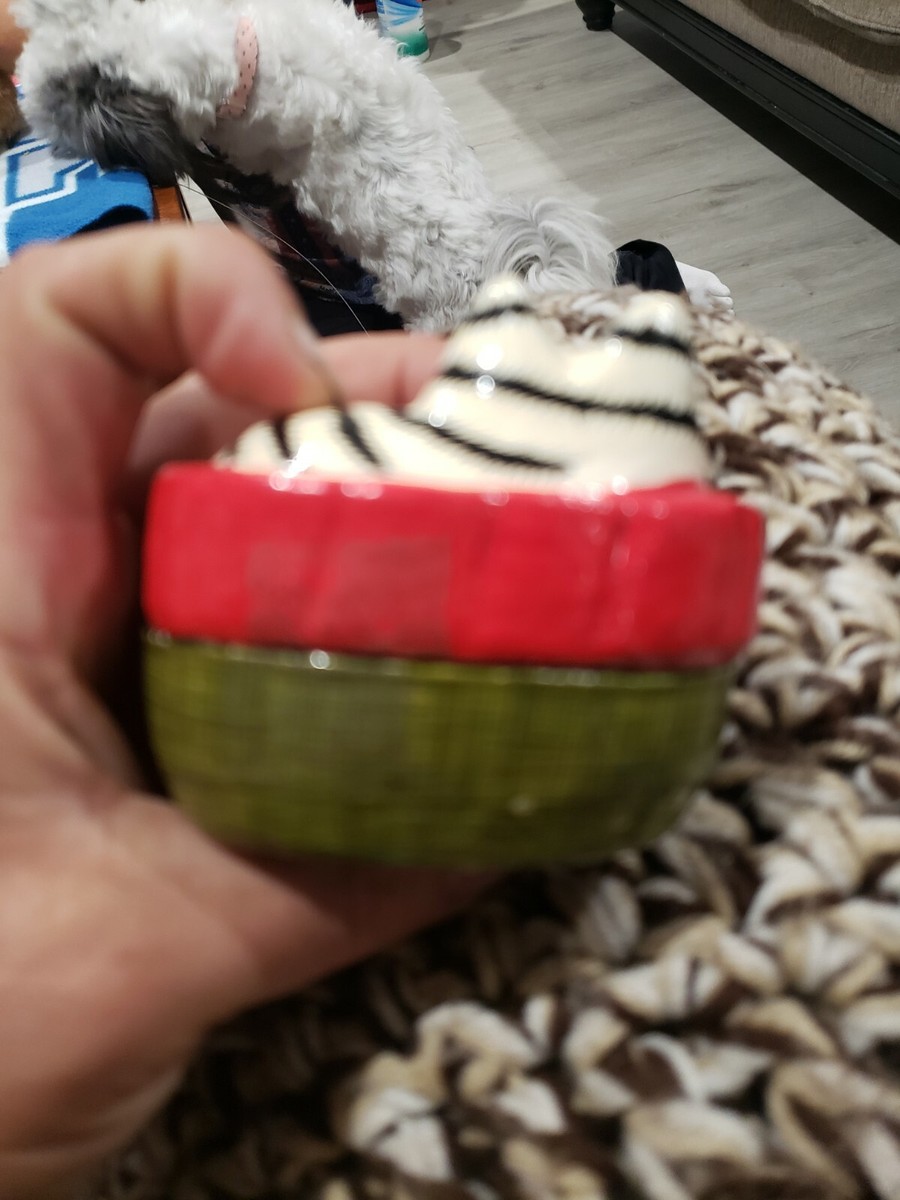 Museum Of Fine Arts Boston Paper Machete Cat Trinket Box green, red, striped cat View 6