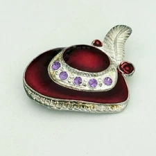 Vintage Red Hat Ladies Society Enamel Purple Rhinestone Silver Tone Brooch Pin