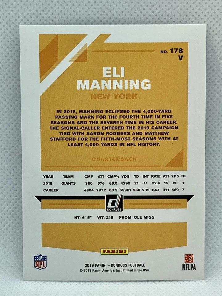 2019 Panini Donruss Football Eli Manning Variation Card #178v New York Giants - Image 2 of 2