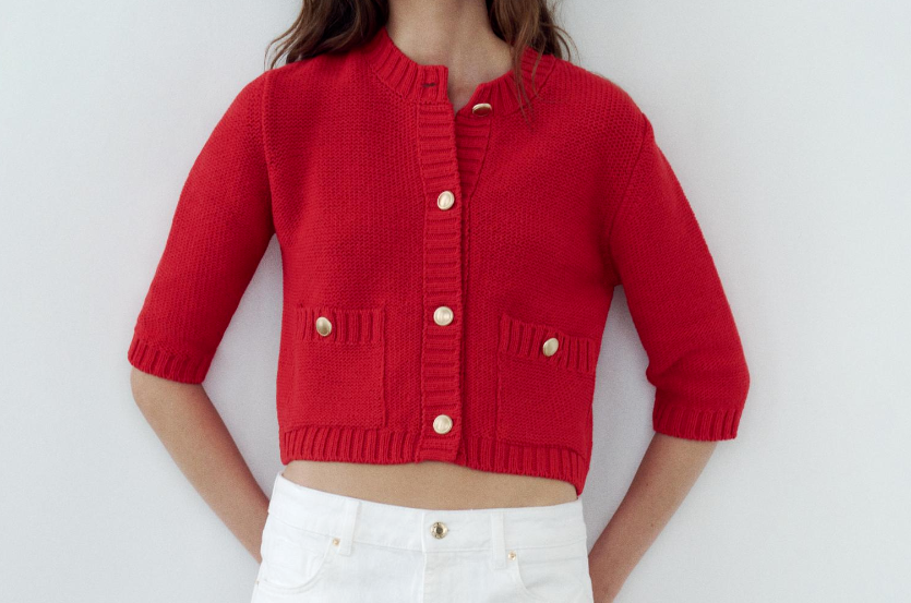 Zara Plain Knit Cropped Cardigan Red Gold Size M L Medium Large