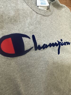 Vintage 90s Champion Embroidered Script Logo Gray T-Shirt Made in