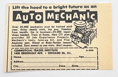 Commercial Trades Institute Vintage Print Ad 60s Auto Mechanic Training