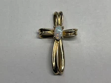 10K Solid Gold Cross Opal Pendant Religious Ribbon White Opal