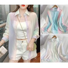 Femme Pente Arc en Ciel Chemise Mousseline Bouton Haut Voir Par Chemisier