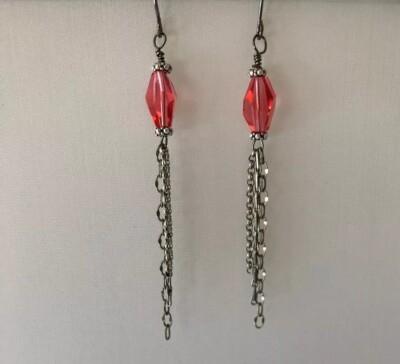 New Coral Polygon Earrings with Gunmetal Chain Dangles 3''