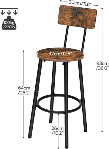 HOOBRO Barhocker 2er-Set mit Rückenlehne Barstuhl Küchenstuhl 32 x 32 x 93 cm - Bild 4 von 11