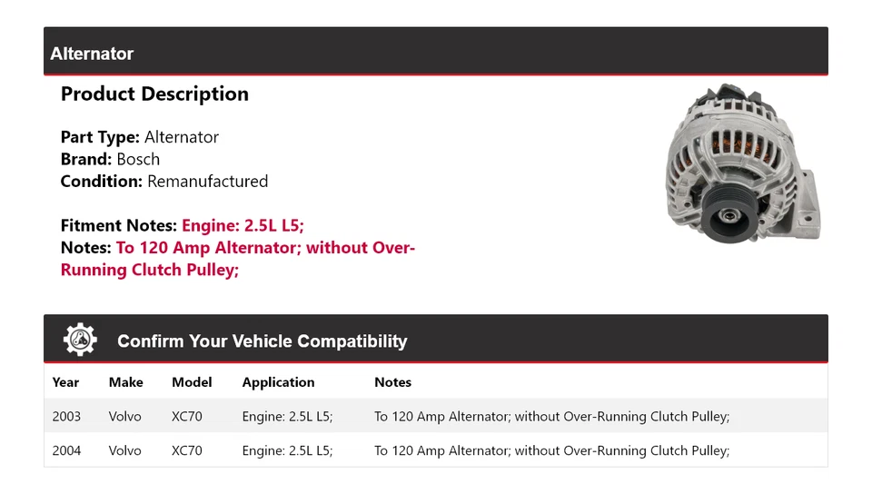 Alternador Bosch para Volvo XC70 2003-2004 2,5 L L5 (Remanufacturado) Foto 2 de 4