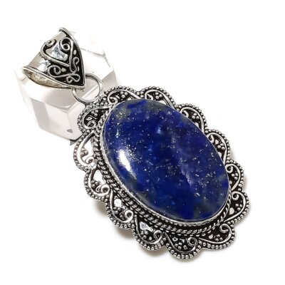 Natürlicher Lapislazuli Edelstein Handarbeit 925 Sterlingsilber Anhänger 2,32'' Geschenk k0