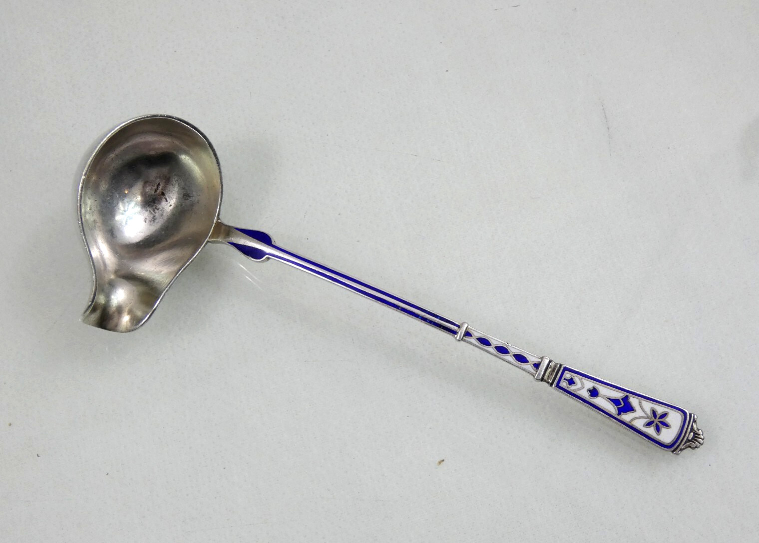 ANTIQUE DANISH STERLING SILVER ENEMEL SERVING PIECE SAUCE LADLE  1901   P. Hertz