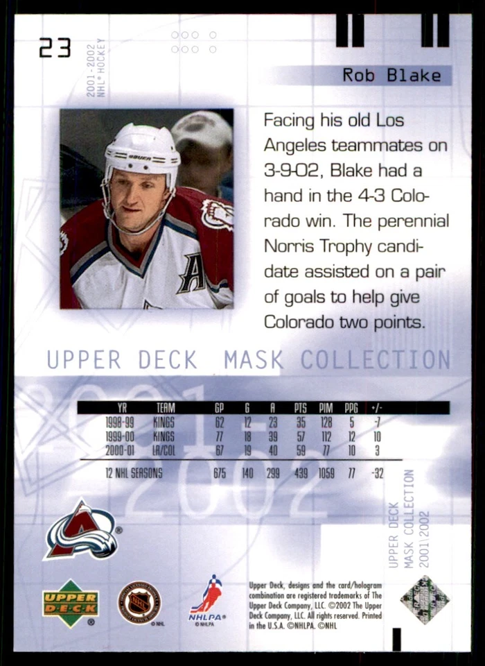 2001-02 Upper Deck Mask Collection Rob Blake Colorado Avalanche #23 - Image 2 of 2
