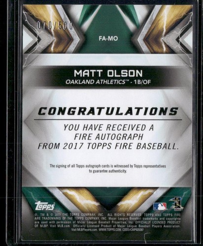 2017 Topps Fire #FA-MO Matt Olson Rookie AUTO #/500 - Picture 2 of 2