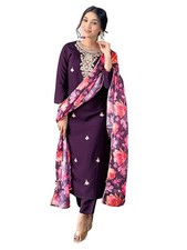 Women's Rayon Embroidered and Printed Straight Kurta with Pant and Dupatta Sets