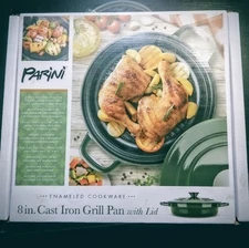 Parini 8” Enameled Cast Iron Grill Pan with Lid – Green – Heavy-Duty (NIB)