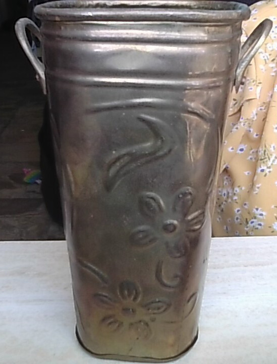 Tin Metal 8inch Tall Flower Embossed 2-Handle Planter Decor Made in India