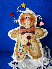 Vintage Painted Wooden crackled look Gingerbread Man Ornament 6" Tall