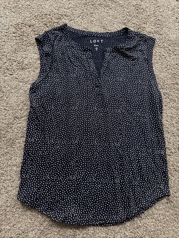 LOFT 100% Linen Women’s Medium Navy White Polka Dot V Neck Tank EUC