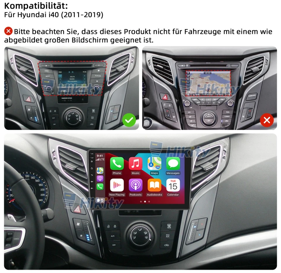 9" 8Core 4+64GB Carplay Android 15 Radio NAVI RDS DSP Für Hyundai i40 2011-2019 - Bild 2 von 4