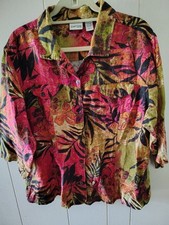 Chicos Womens Shirt Jacket Size 3 Linen Bright Multicolor Floral Blazer 3/4 SLV