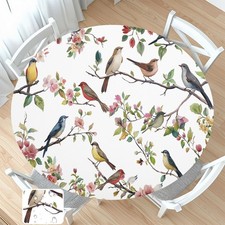 Spring Summer Round Fitted Tablecloth with Elastic Edge, Birds Branch Floral ...