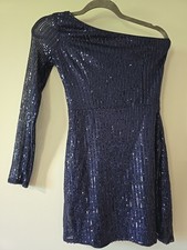 LULUS ALL Time Shine Navy Blue Sequin One-Shoulder Mini Dress-XS