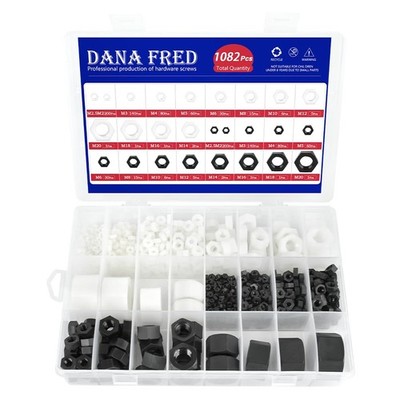 1082 PCS Nylon Hex Nut Assortment Kit Metric M2-M20 Black White Hardware