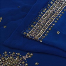 Sanskriti Vintage Blue Sarees Pure Georgette Hand Beaded Sari 6Yd Craft Fabric