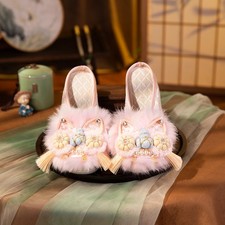 Pink Fuzzy Tiger Embroidered Slippers Handmade Intangible Cultural