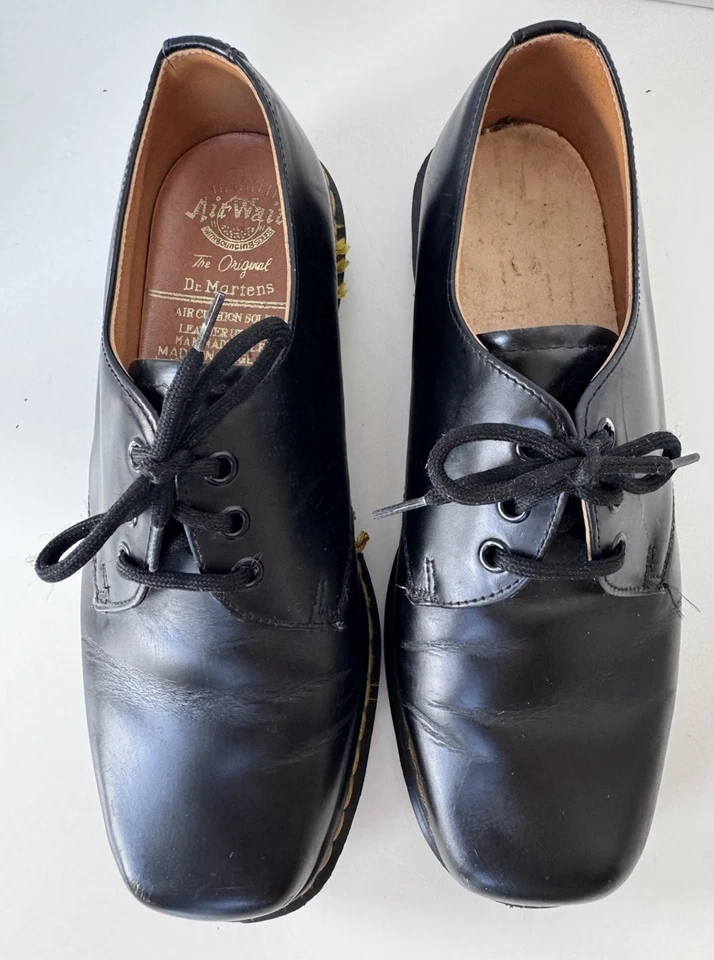 Винтажный 90-х Dr. Martens квадратный носок черный шнурует вверх Оксфорд туфли Англии UK4 *недостатки - Изображение 3 из 4