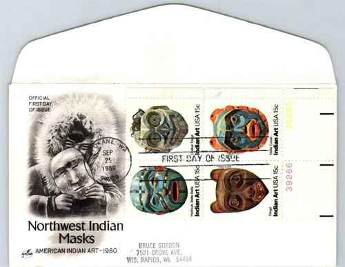 S07-3425, INDIAN MASKS, SE-TENANT BLOCK, ARTCRAFT FIRST DAY COVER