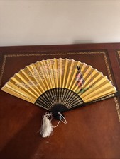 Japanese Fan silk decoration flower golden brown Hand Painted B53