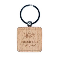 Elegant Fresh Cut Flowers Label Engraved Wood Square Keychain Tag Charm