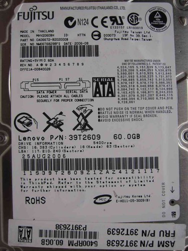 60GB Fujitsu MHV2060BH | CA06672-B202000B | 25AUG2006 | Notebook hard disk